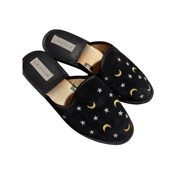L.B. Evans Shoes - L.B. Evans Mens Black Velvet Slippers With Moon & Star Embroidery Size 7M